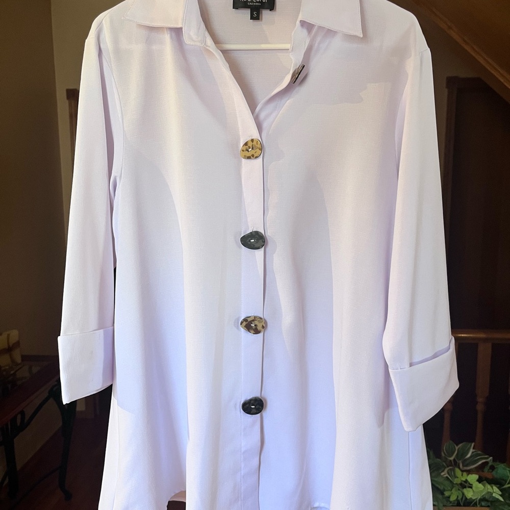 White Button-Up Blouse with Unique Buttons
